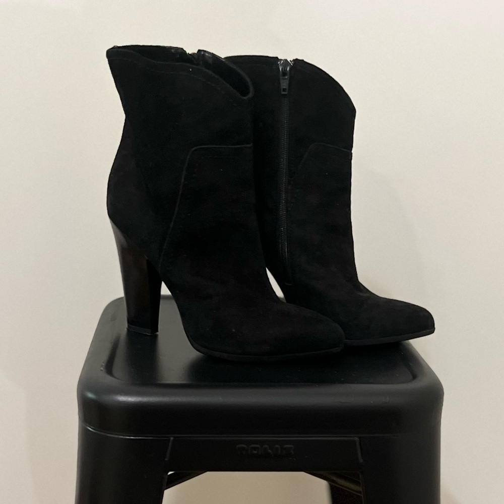 Formentini black suede high heeled boots.